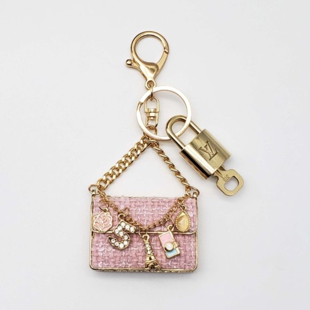 Louis Vuitton Pink Tweed Charm Bag Keychain with Gold Hardware